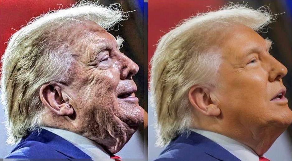 Dos fotos de Trump,la de la izquierda de la agencia Reuters y la derecha la misma foto manipulada por la casa blanca.