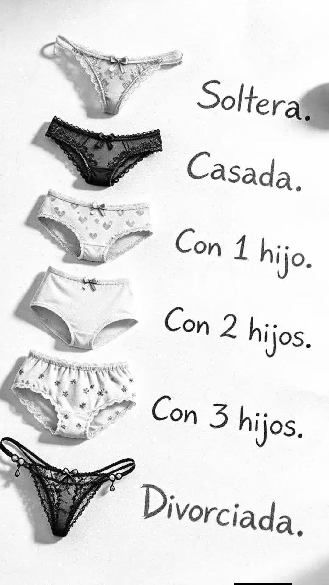Imagen en blanco y negro de seis tipos diferentes de ropa interior femenina, cada una asociada a un estado civil o parental. De arriba abajo:
1. Tanga de encaje claro con un lazo. Texto: Soltera.
2. Bragas de encaje negras con un lazo. Texto: Casada.
3. Bragas blancas con estampado de corazones y un lazo. Texto: Con 1 hijo.
4. Bragas blancas lisas con un lazo. Texto: Con 2 hijos.
5. Bragas blancas con estampado de flores y bordes con volantes. Texto: Con 3 hijos.
6. Tanga de encaje negro con lazo y pequeños abalorios colgantes. Texto: Divorciada.